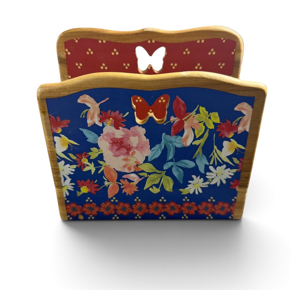 The Pioneer Woman Acacia Wood Napkin Holder Floral Butterfly PW1666 Blue Red